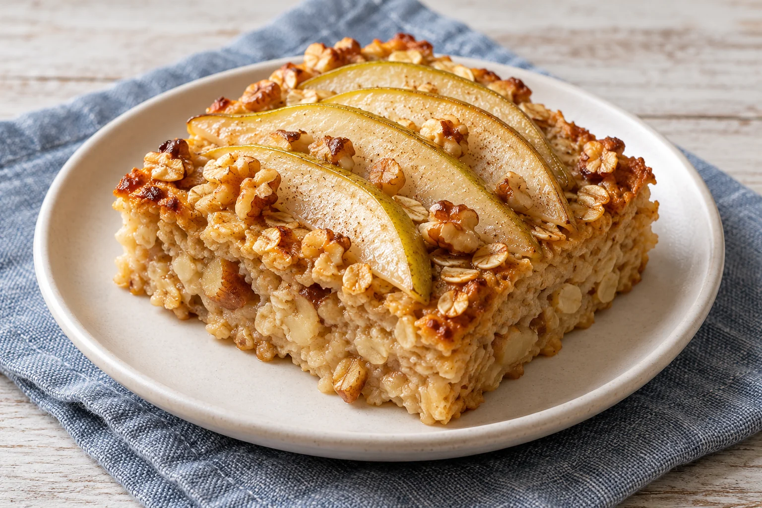 A square of golden baked oatmeal topped with overlapping green-gold-skinned pear slices and walnut pieces
