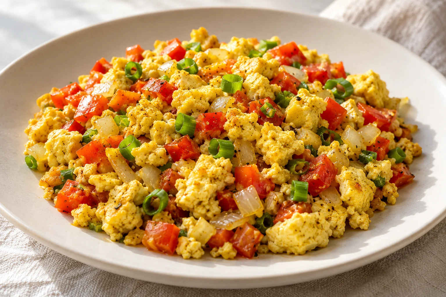 Crumbled extra-firm tofu cooks with sweet pepper, tomato and a small measured amount of turmeric in a savory egg-free breakfast.