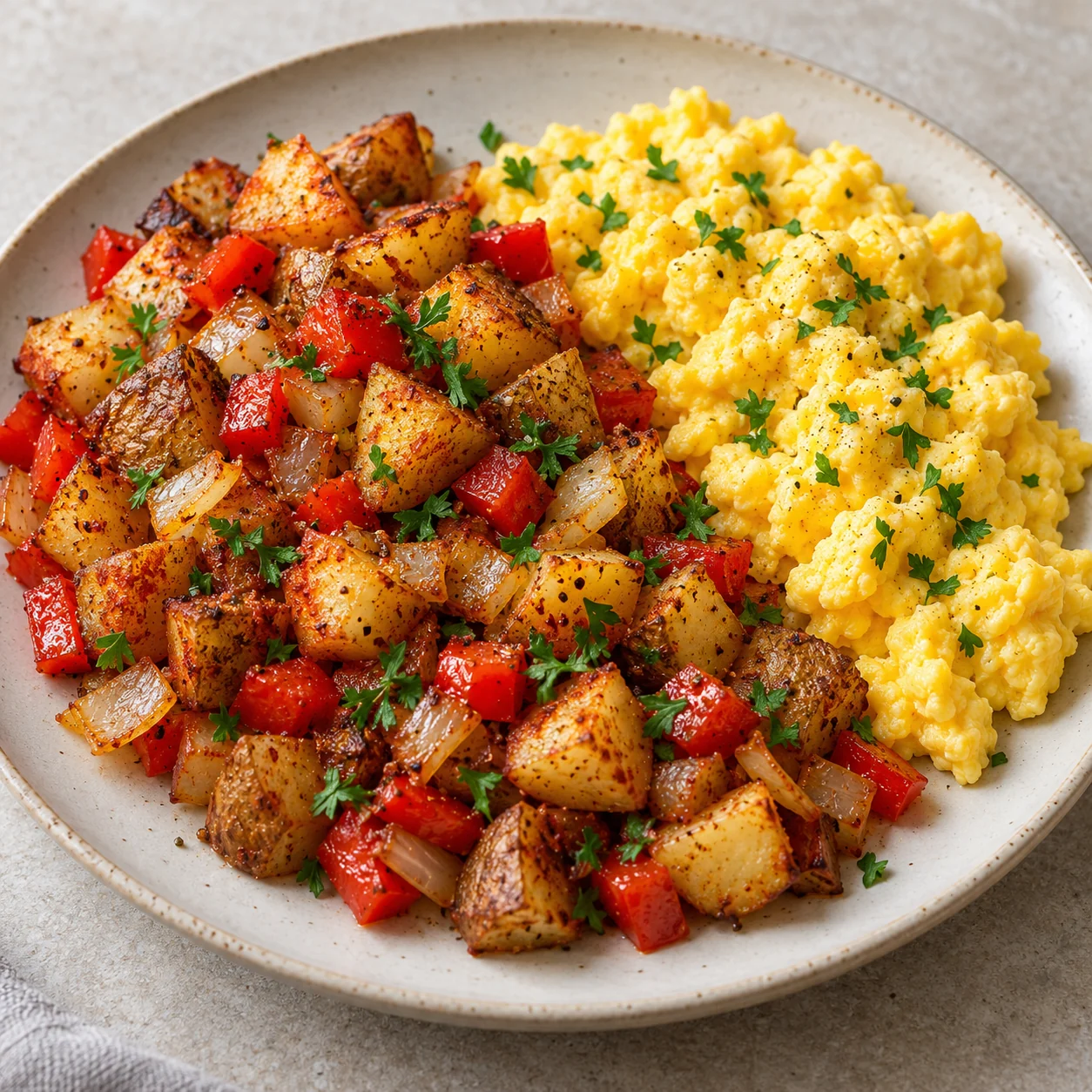 Parboiled potato cubes crisp in a skillet with peppers and onion, then meet separately scrambled eggs.