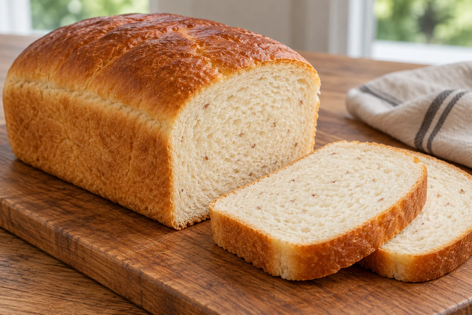 A soft yeast pan loaf with finely mashed skin-on potato incorporated into its dough.