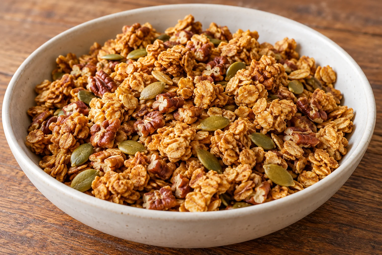 Crisp rolled-oat granola with plain pumpkin, maple syrup, pecans, pepitas and warm cinnamon, ginger and nutmeg.