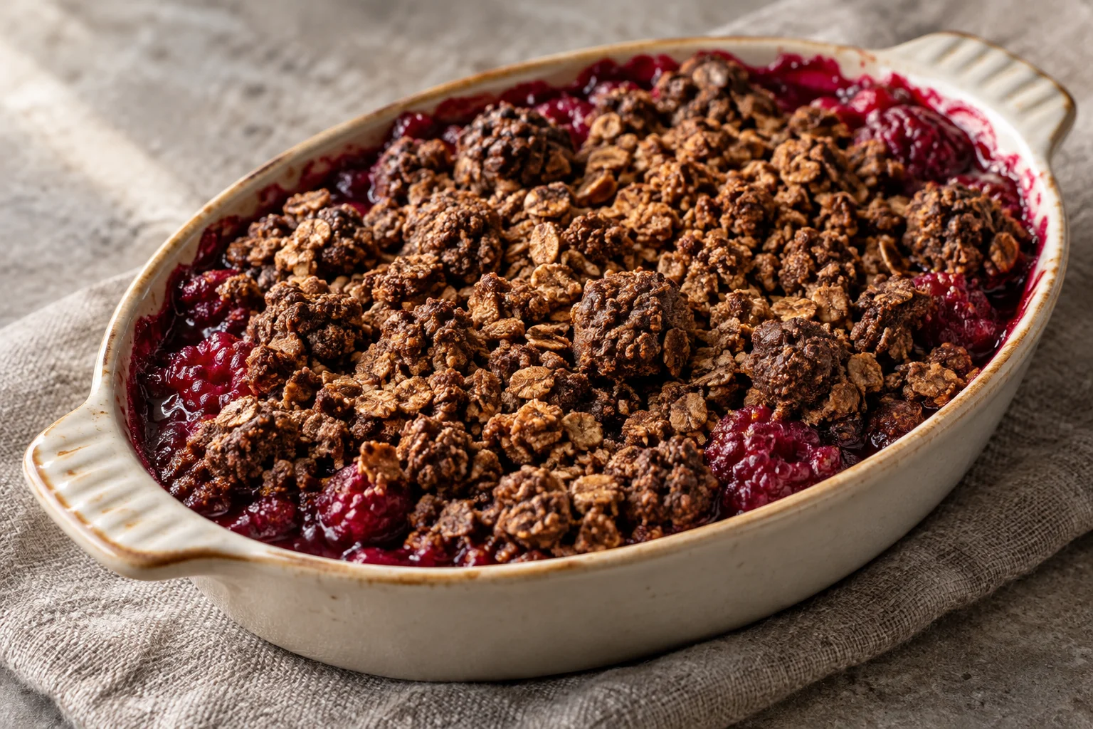Tart raspberries bubble under a dark cocoa, oat and butter crumble topping.