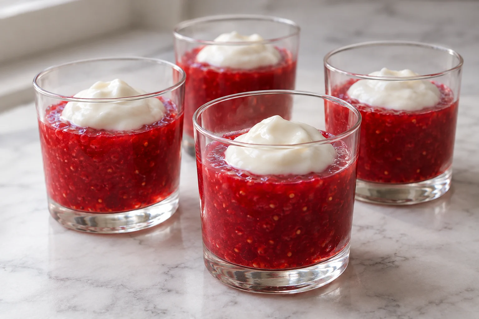 Whole raspberry purée, including its seeds, sets into a spoonable fruit jelly with lemon and a simple yogurt topping.
