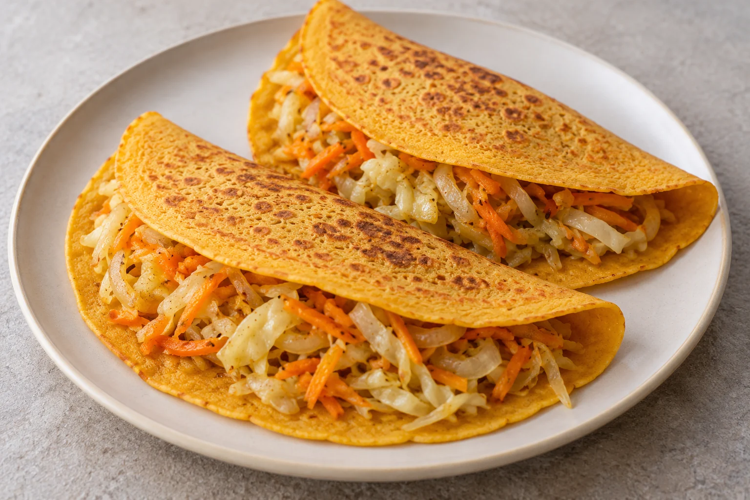 Soaked split red lentils blend into thin savory crepes filled with cumin-scented cabbage and carrot.