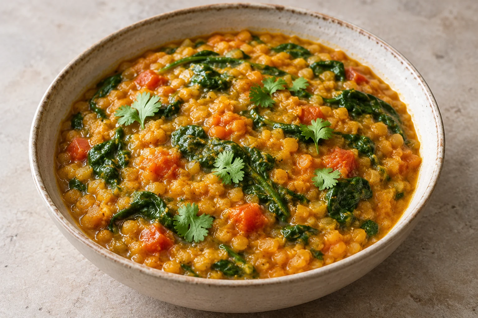 thick yellow-orange lentil dal with wilted spinach, tomato pieces and a few cilantro leaves in a ceramic bowl.