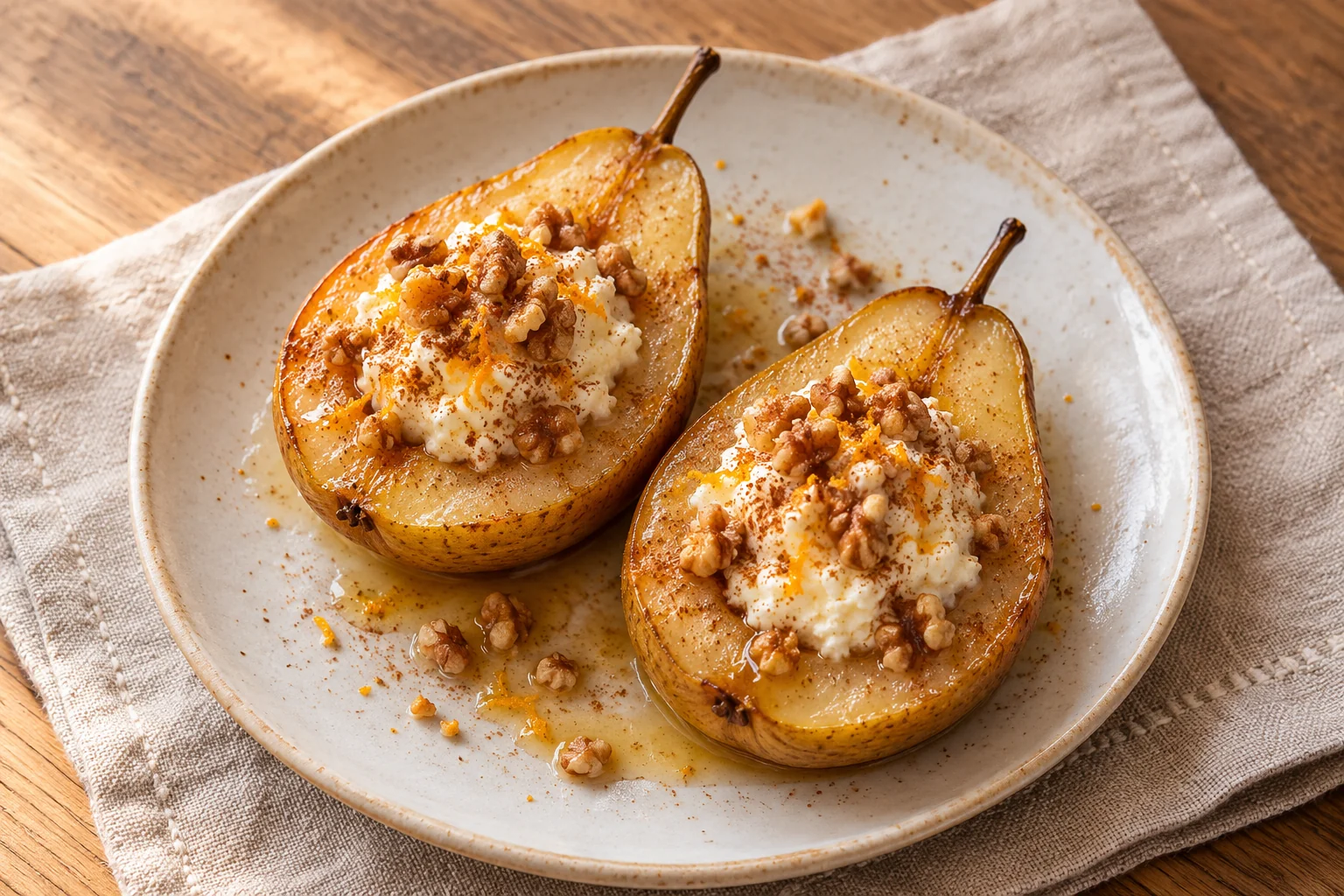 two golden baked pear halves filled with orange ricotta and chopped walnuts, with a light honey glaze.