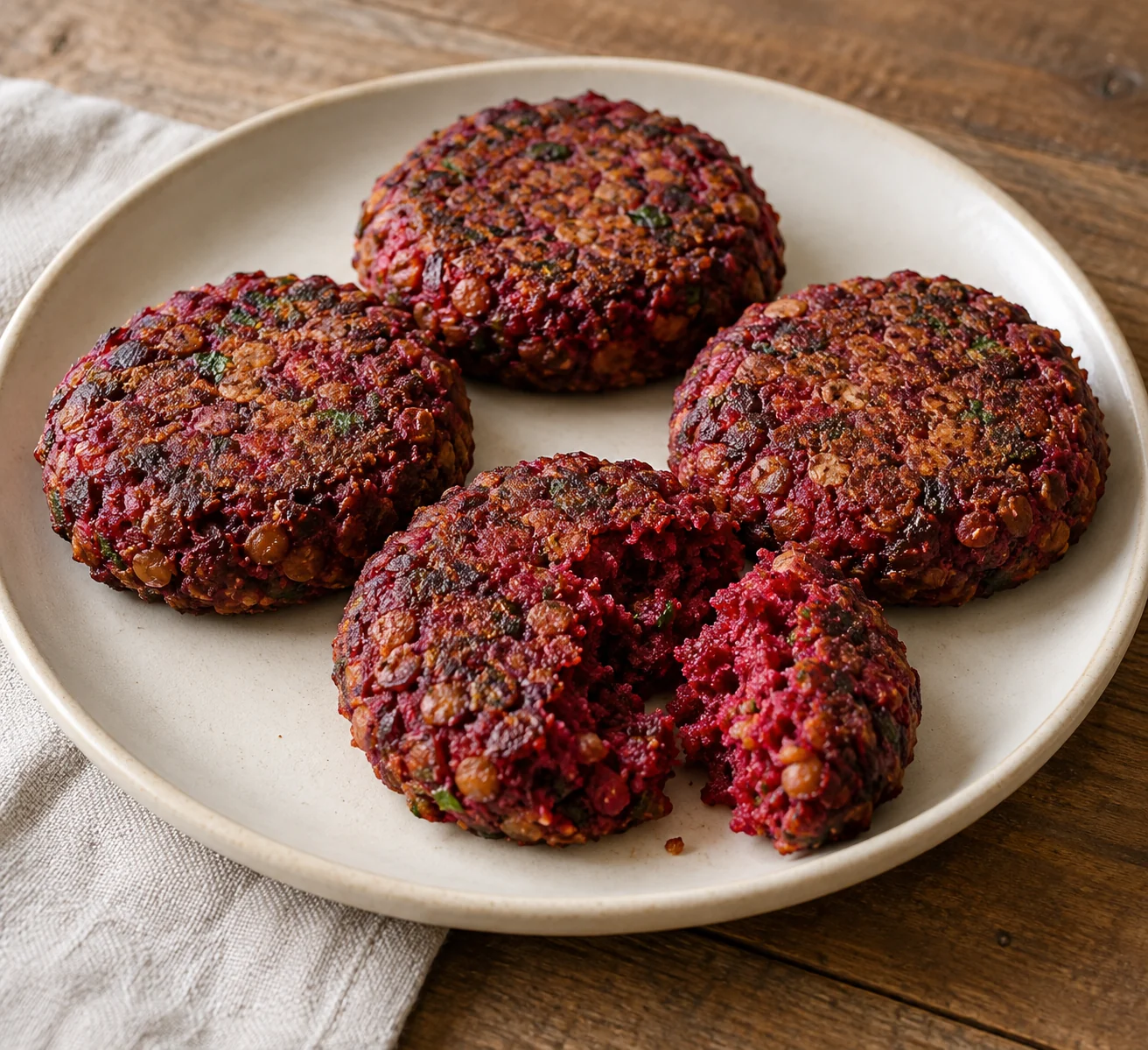 Roasted beet and cooked lentils form earthy oven-baked patties, held together with oats and egg.