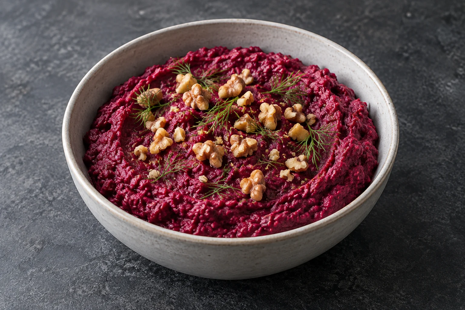 Deep-magenta beet and walnut spread topped with walnut pieces and dill in a pale ceramic bowl.