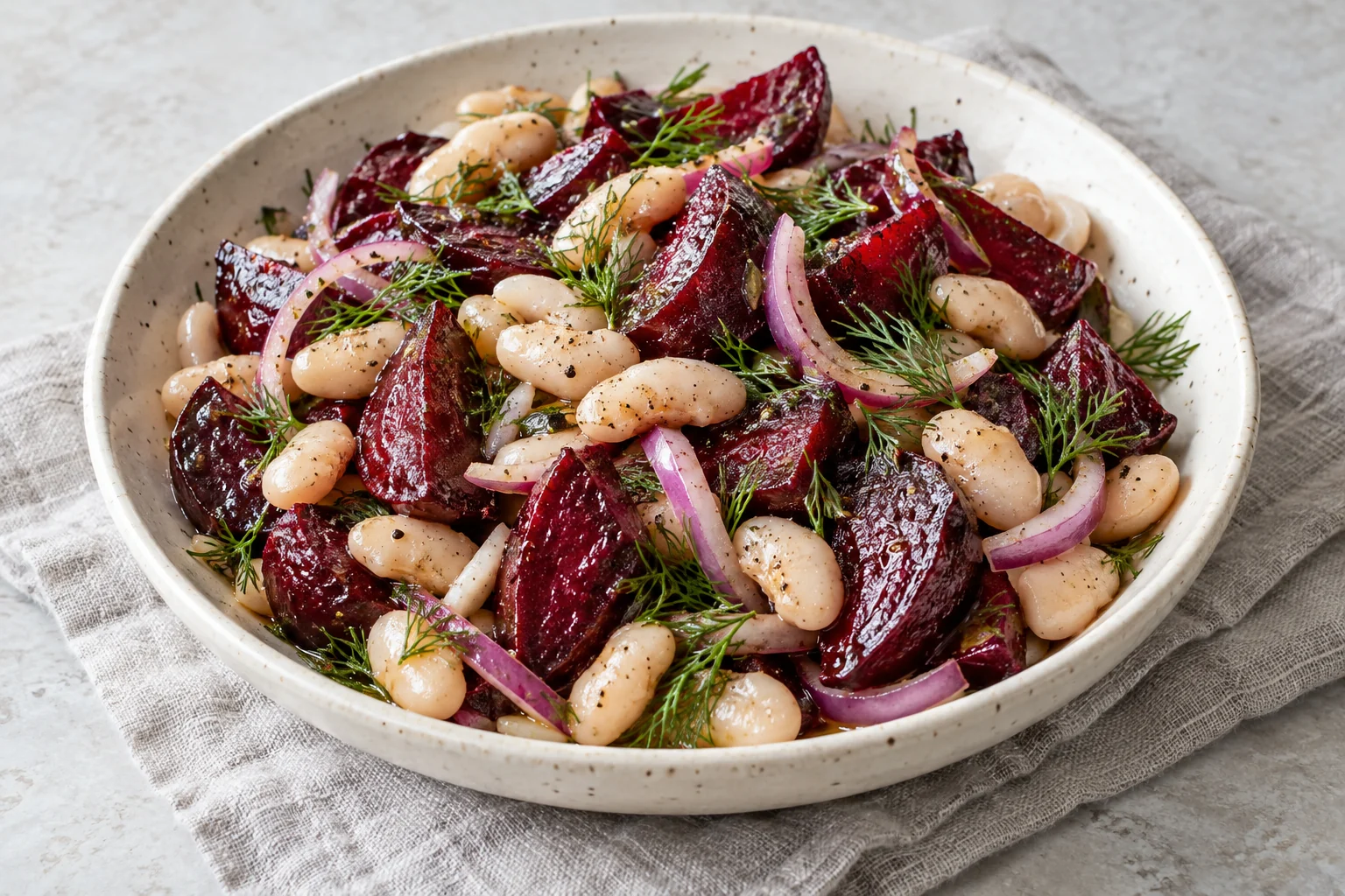 Deep-red roasted beet wedges with white cannellini beans, dill and thin red onion in a pale ceramic bowl