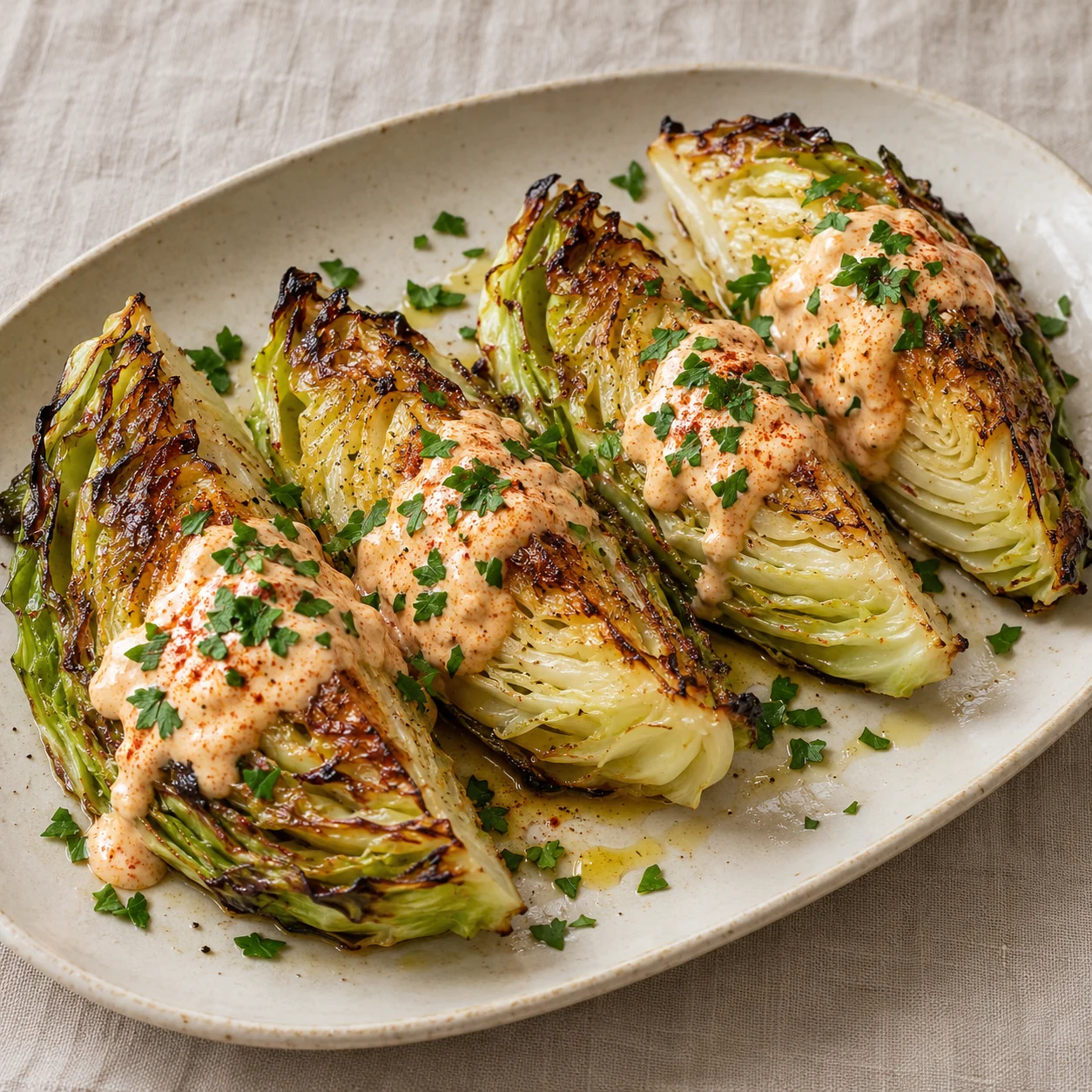 Slim cabbage wedges roast with browned edges and finish with a cool paprika-yogurt spoonful.