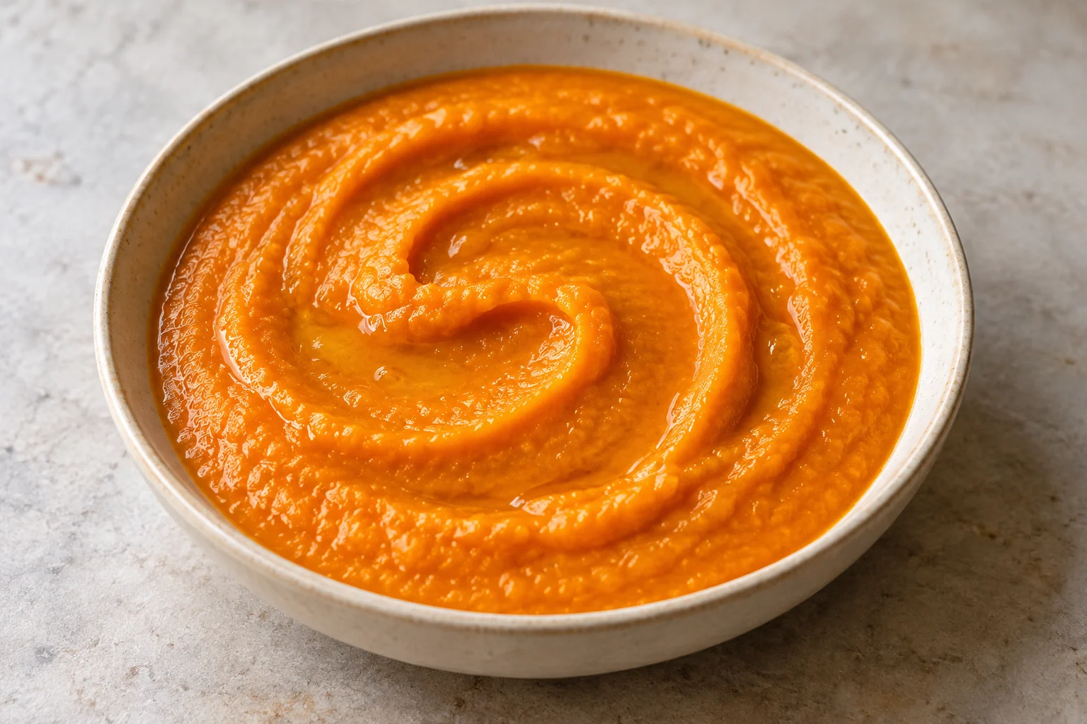 Smooth roasted carrot and ginger sauce swirled in a cream ceramic bowl.