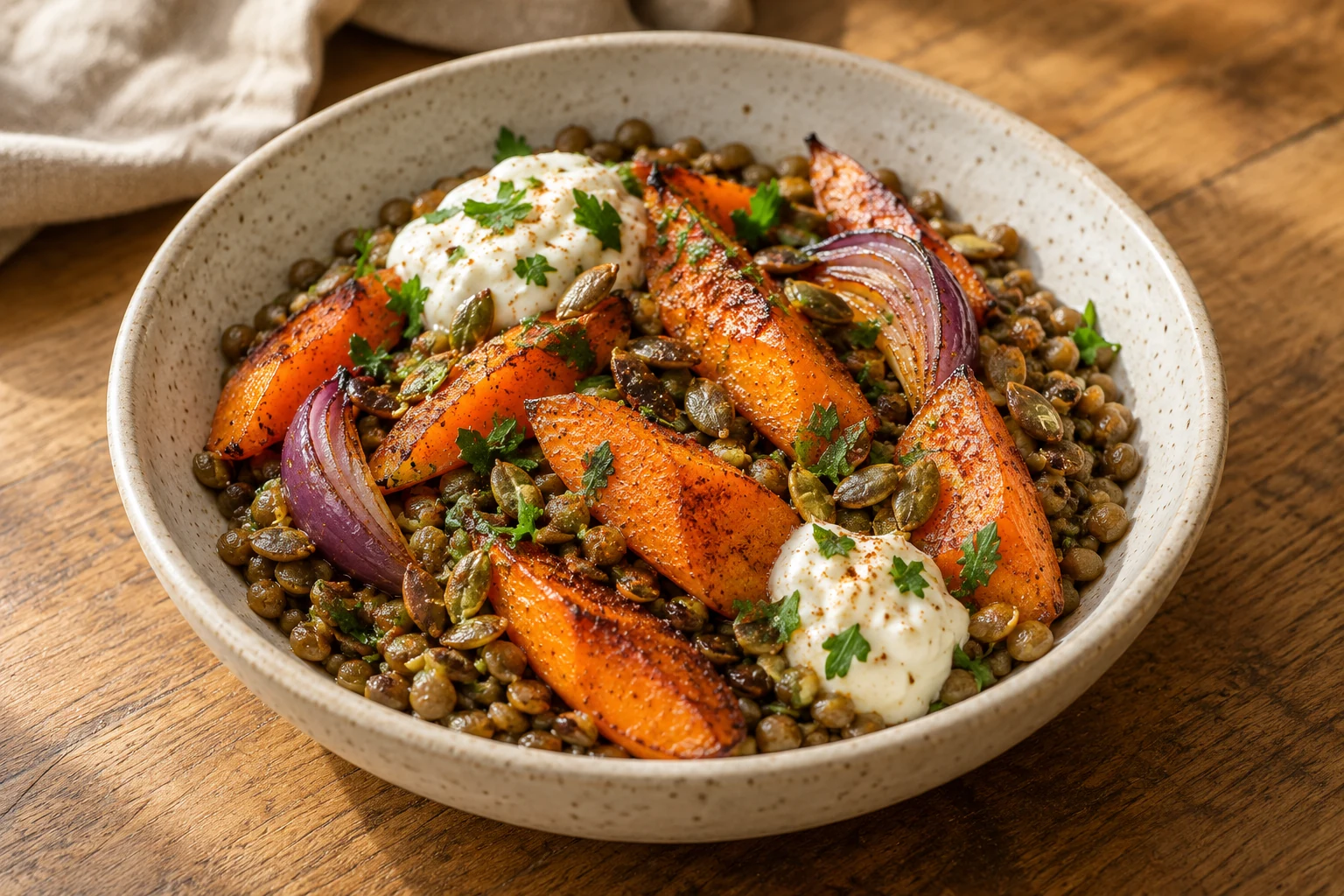 roasted carrots and red onion over lentils with lemon yogurt, pumpkin seeds and parsley