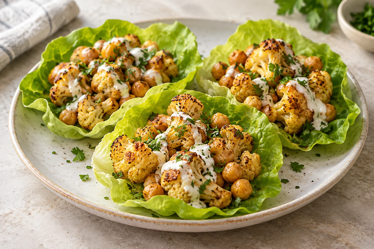 Roasted cauliflower & chickpea lettuce wraps