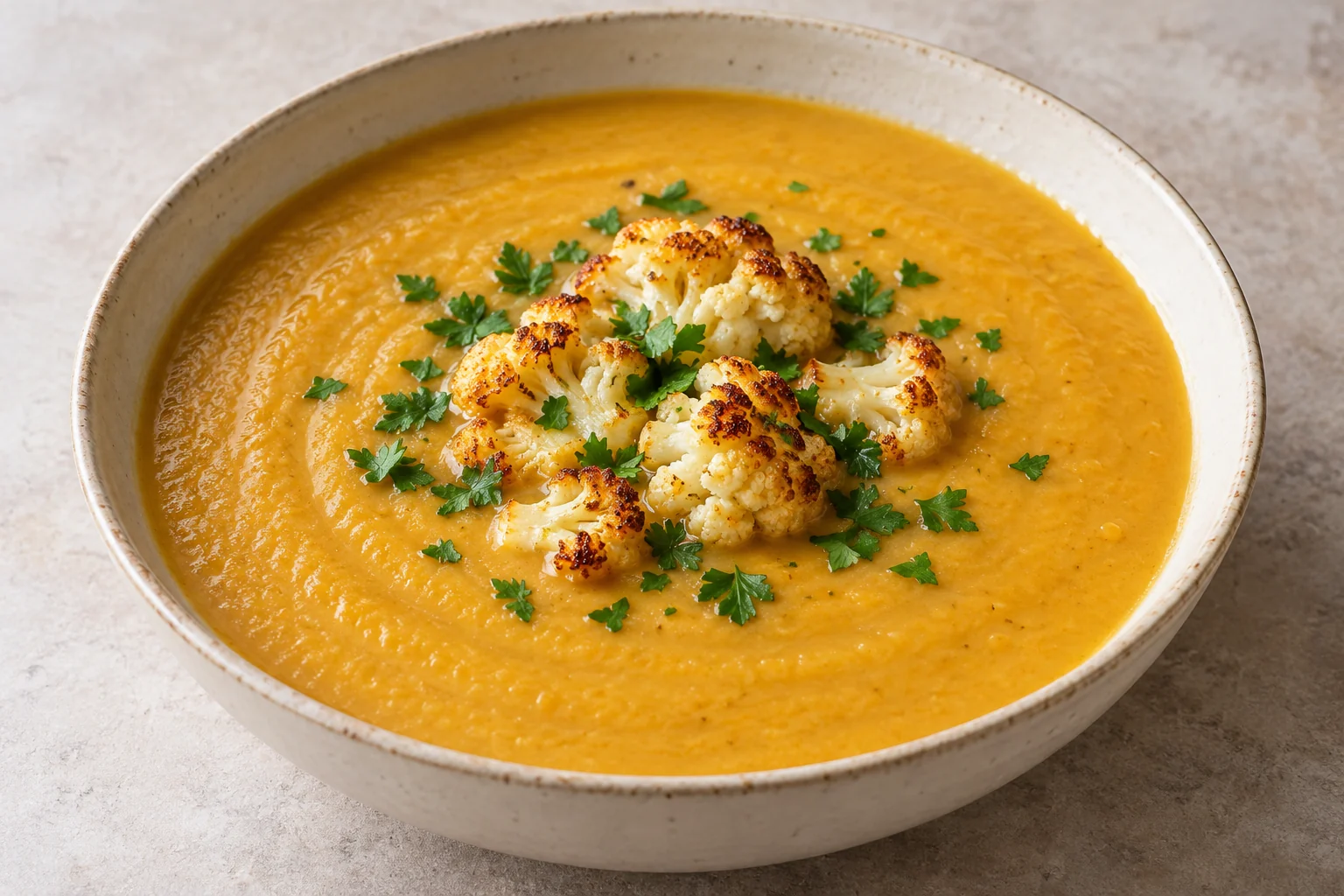 Golden cauliflower and red lentil soup topped with roasted cauliflower and parsley.