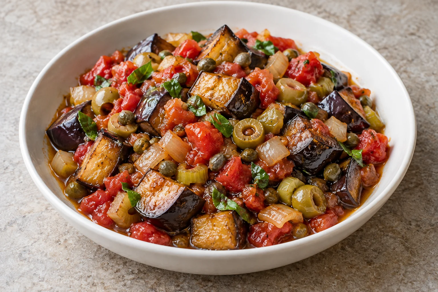 Roasted eggplant folded into a tangy tomato, celery and olive relish; serve as six small appetizer portions.
