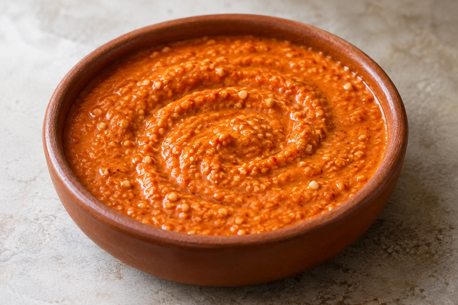 A thick orange-red sauce blends roasted peppers, toasted almonds, olive oil and sherry-free red wine vinegar.