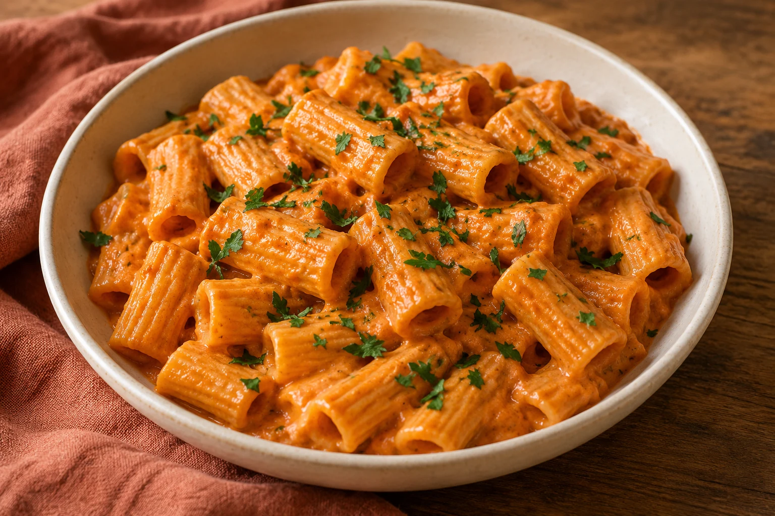 Rigatoni coated in smooth roasted red pepper and white bean sauce with parsley
