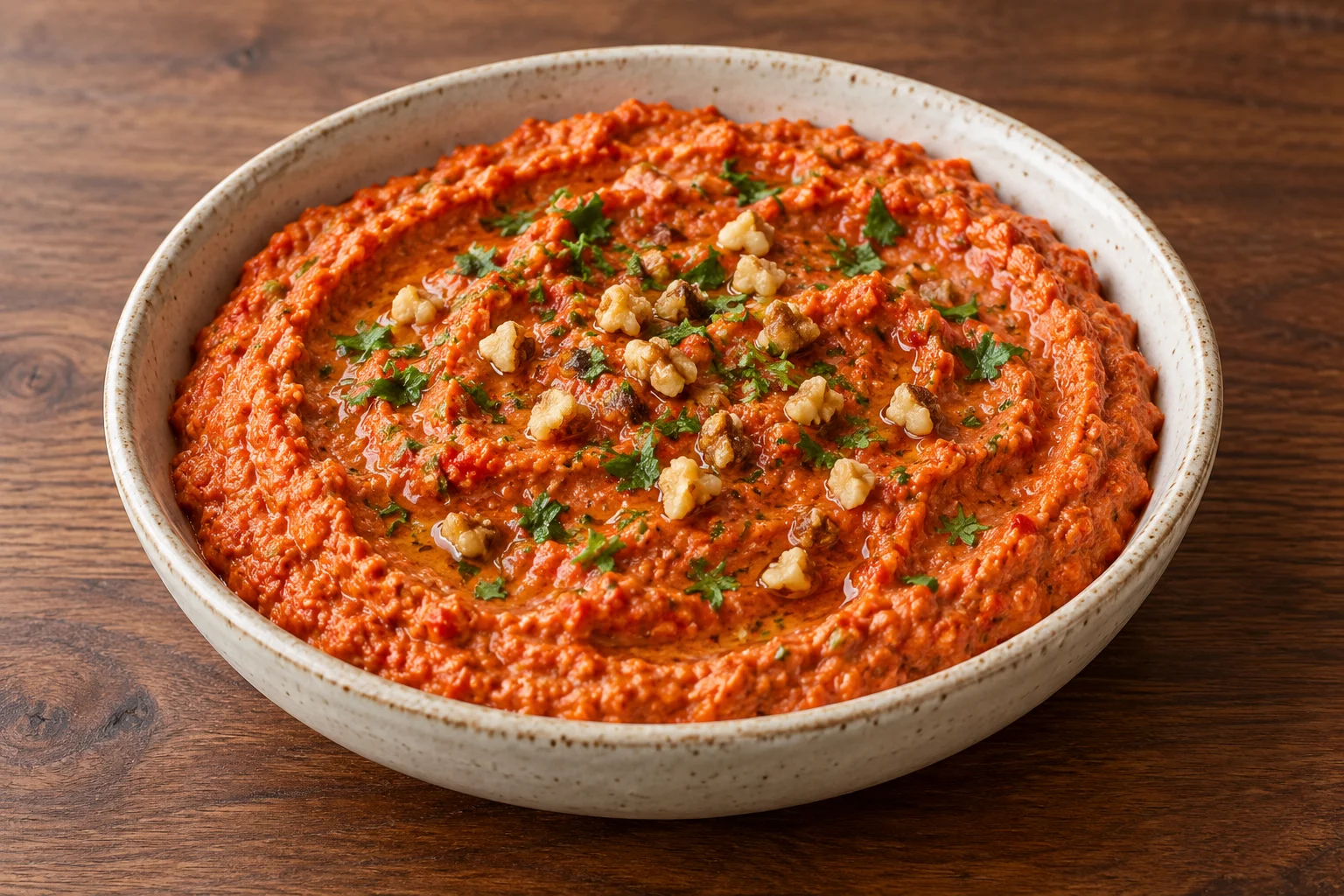 rustic roasted red pepper and walnut dip topped with chopped walnuts and parsley in a shallow ceramic bowl.