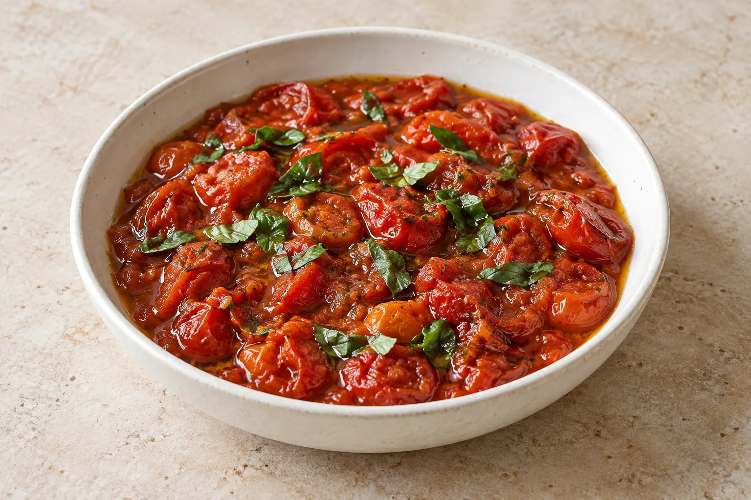 Chunky roasted cherry-tomato sauce with torn basil and olive-oil sheen in a shallow white bowl.