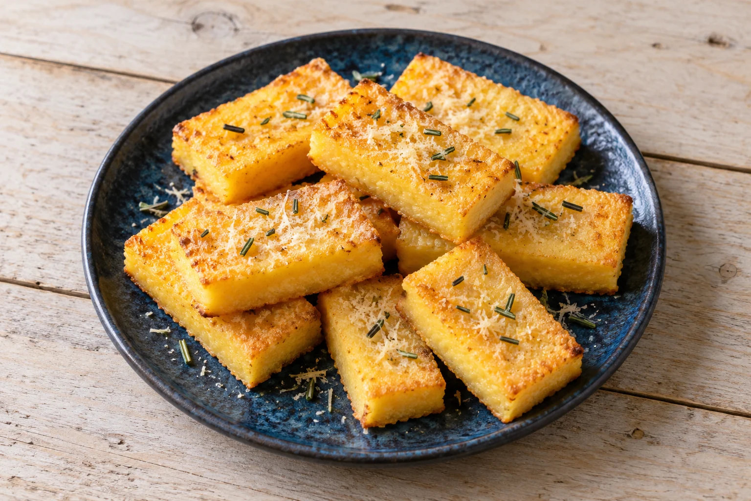 Golden rectangular polenta bites with grated Parmesan and chopped rosemary on a blue plate
