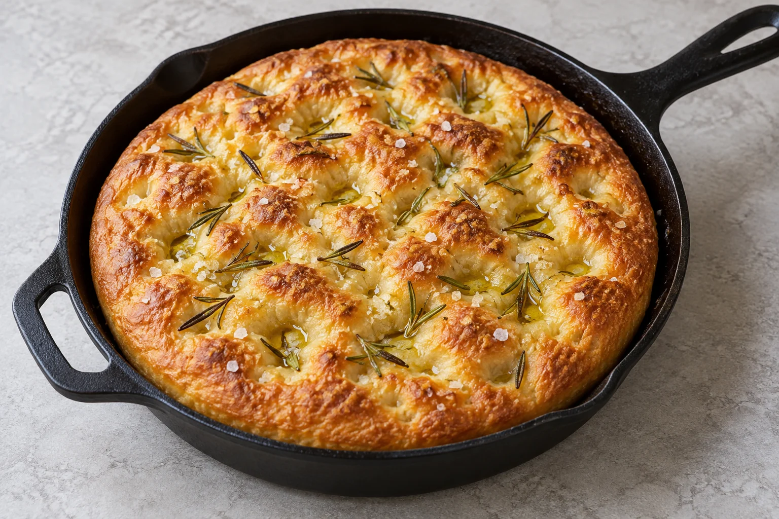 Golden dimpled focaccia with rosemary, flaky salt and olive oil in a cast-iron skillet.