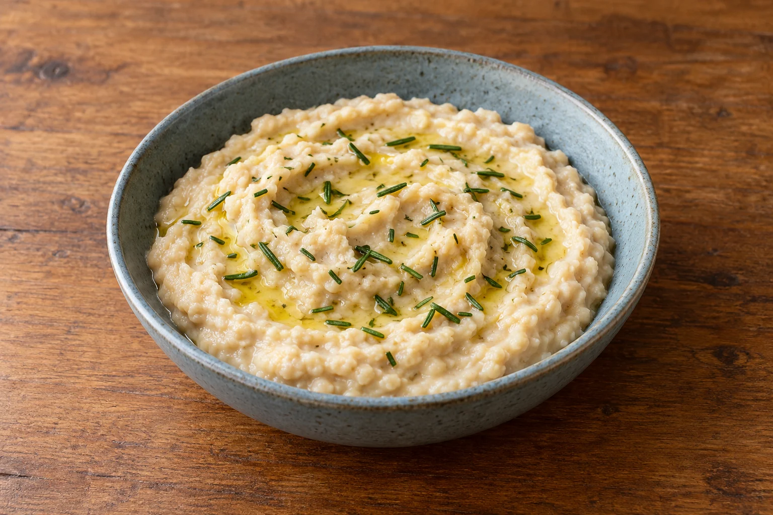 Rustic white-bean spread with chopped rosemary and olive oil in a blue-gray ceramic bowl.