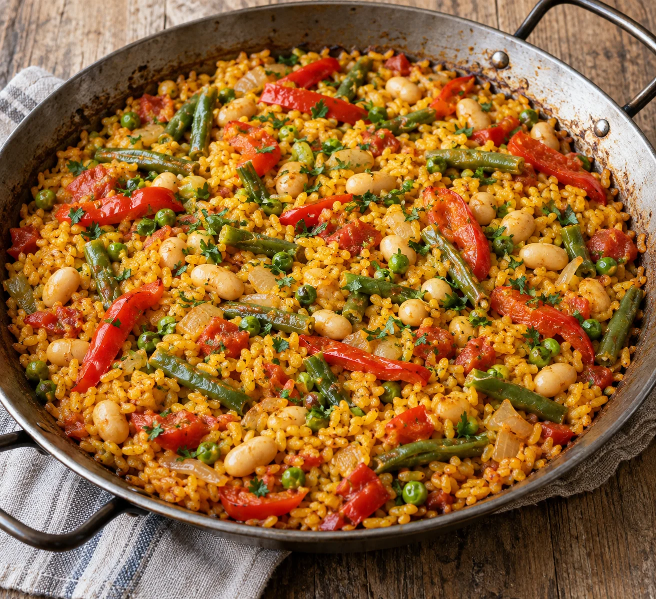 Short-grain rice absorbs saffron-tomato liquid in a shallow pan with peppers, green beans, peas and white beans.