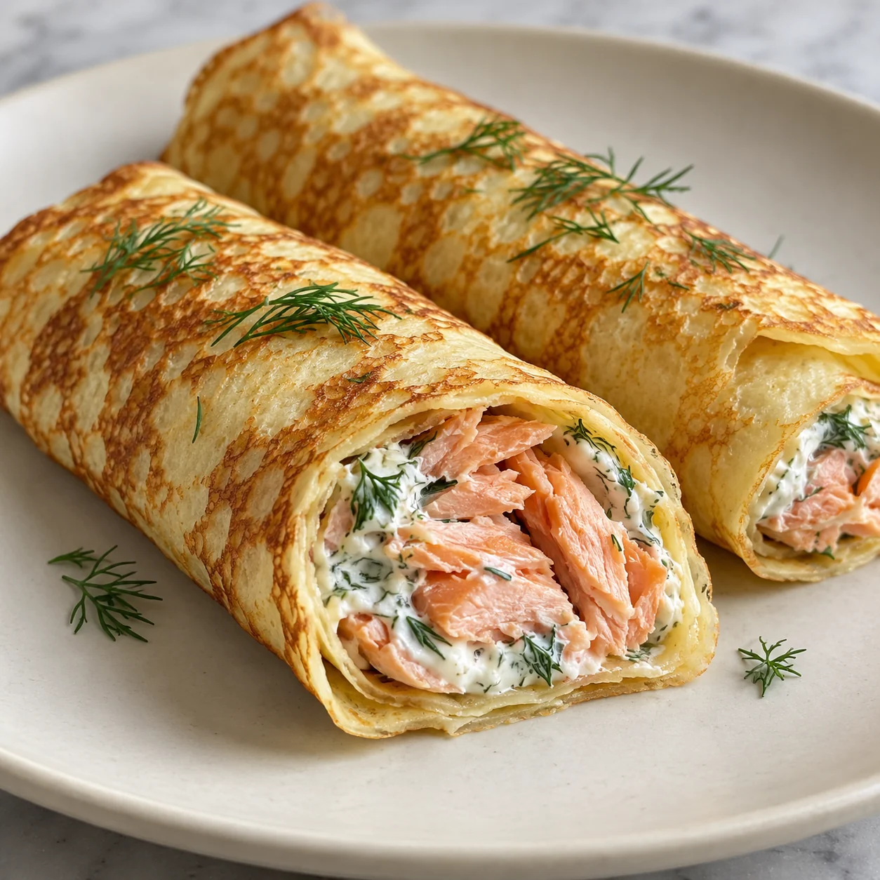 Thin homemade crepes wrap flaked baked salmon with lemon-dill yogurt.