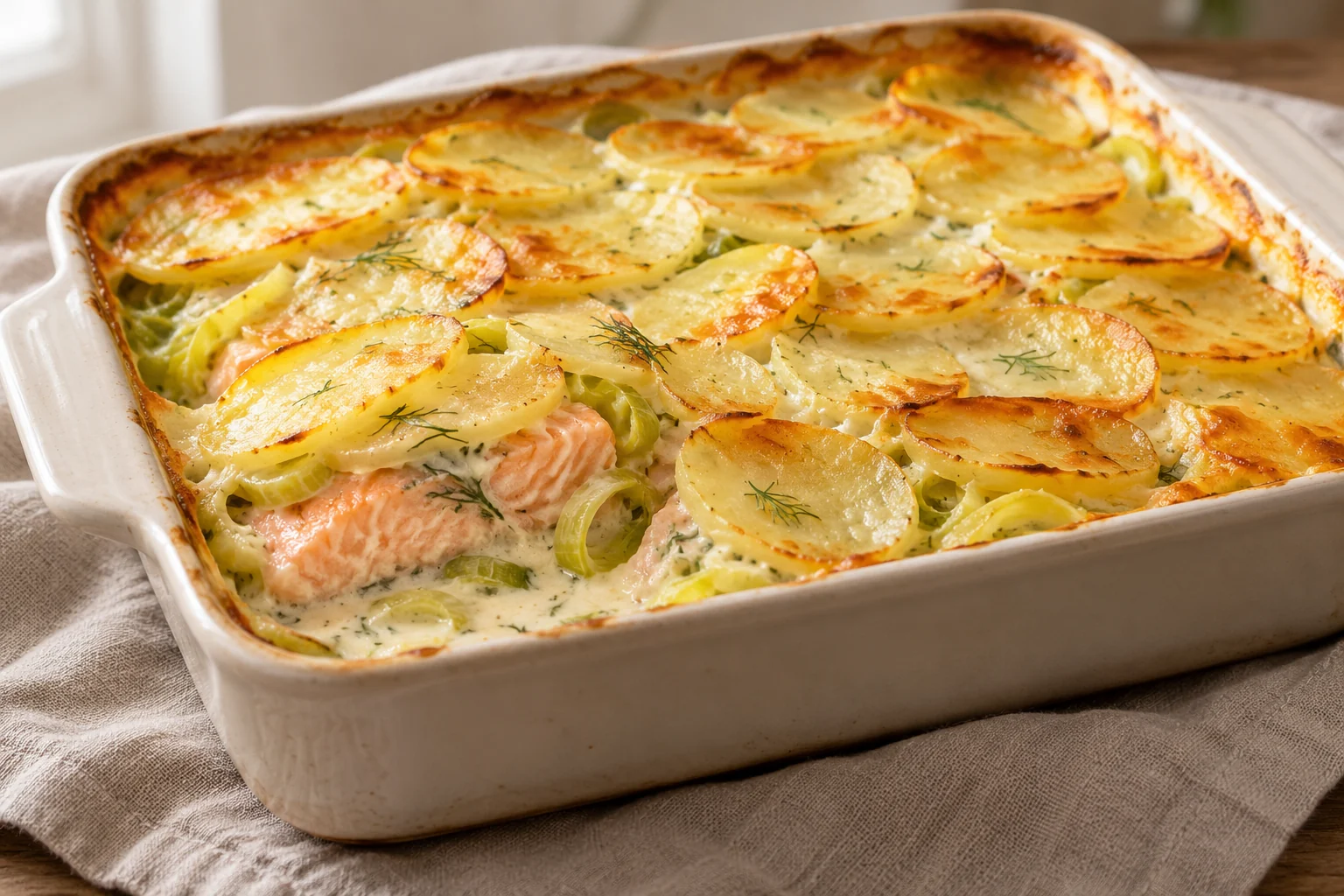 Thin skin-on potato slices and softened leeks surround salmon pieces in a gently thickened milk-and-cream sauce.