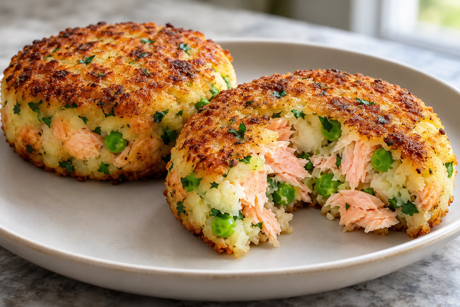 Flaked salmon, mashed potato and green peas form golden oven-baked cakes with lemon and parsley.