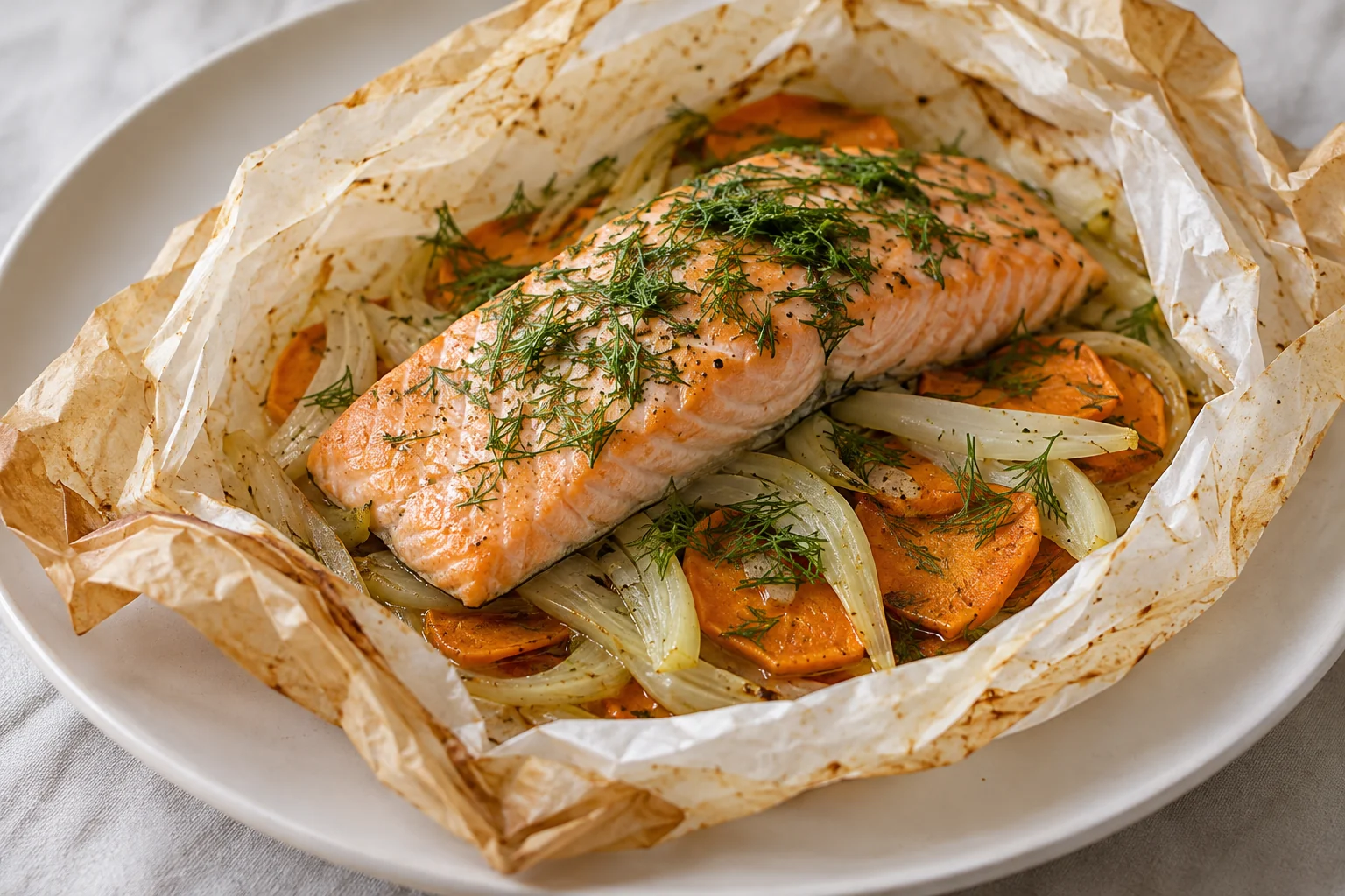 Skinless salmon steams in parchment over pre-softened sweet potato and fennel with lemon and dill.