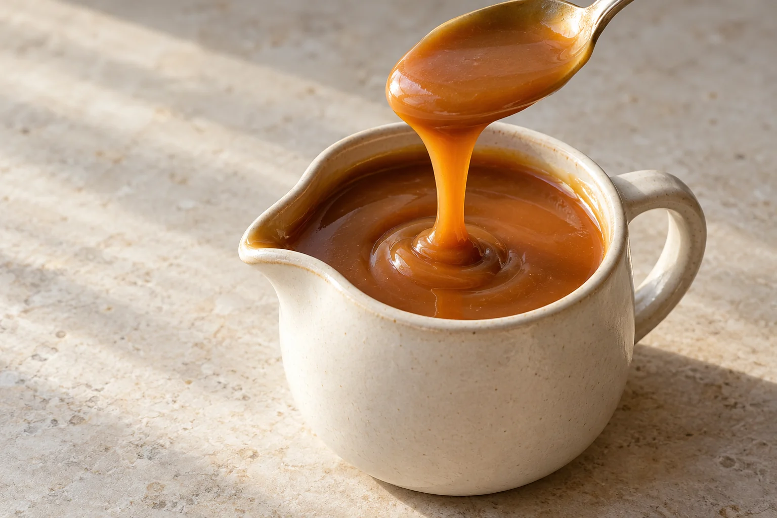 Amber wet caramel whisked with heavy cream and butter, then cooled to a glossy spoonable sauce.