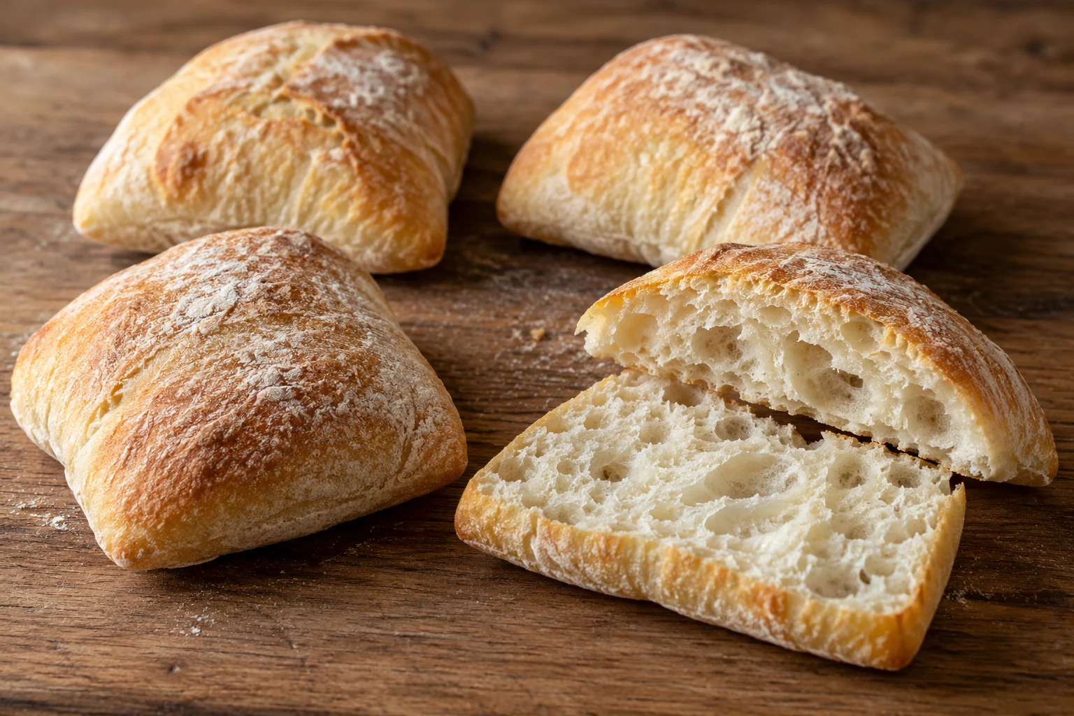 Rustic rectangular rolls made from a wet yeast dough strengthened with folds and baked the same day.