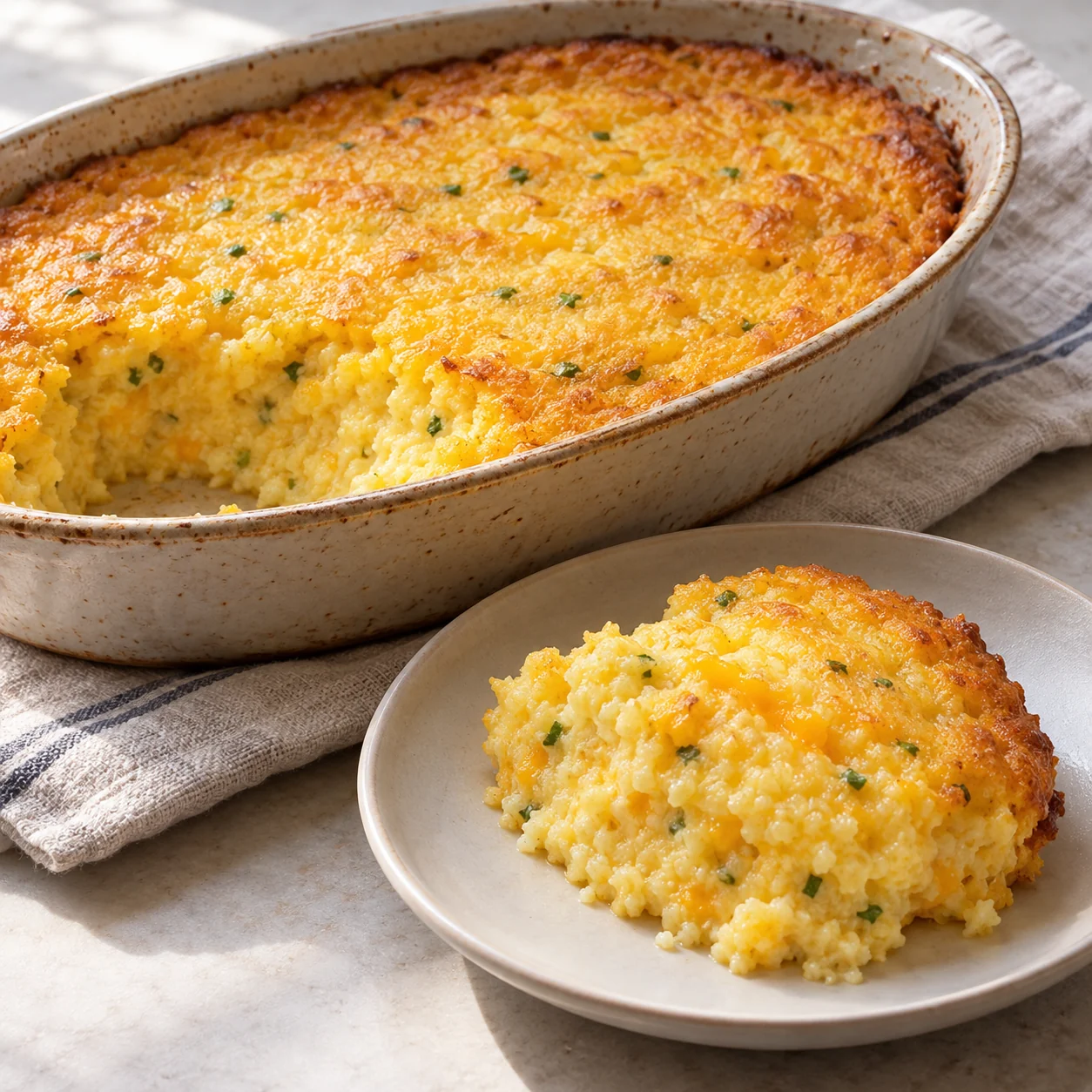 Soft baked cornmeal with cheddar and chives is served warm by the spoonful.