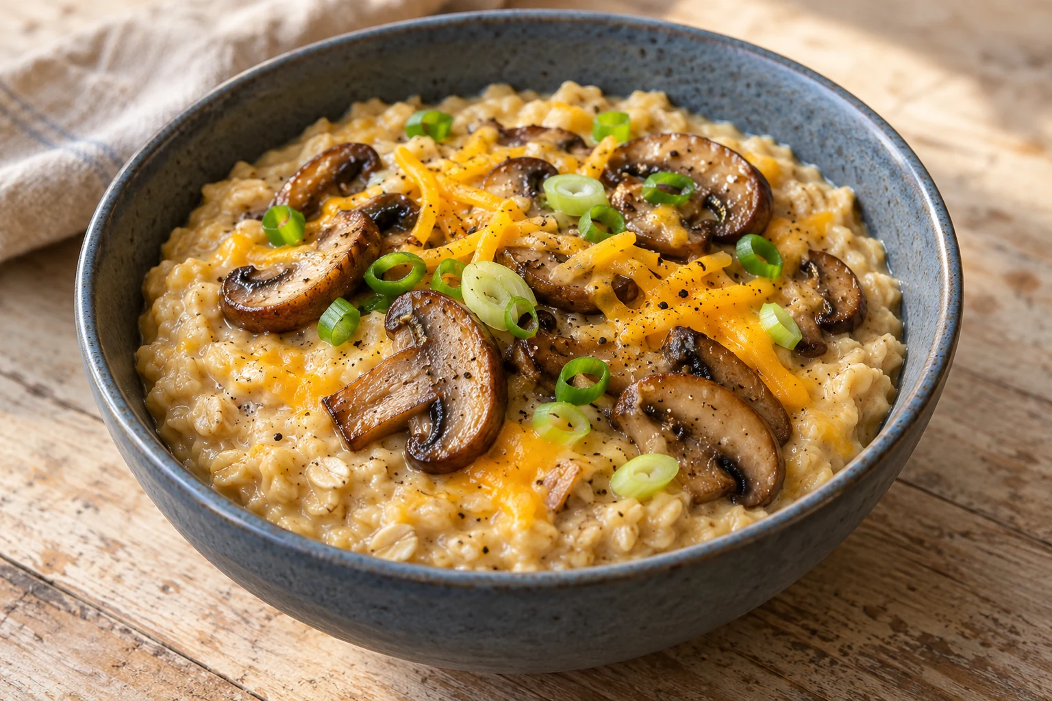 creamy savory oats topped with browned mushrooms, cheddar and scallions
