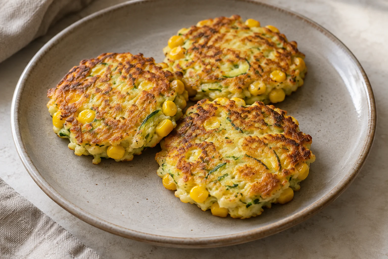 Small savory pancakes fold grated zucchini and yellow corn into an egg-and-milk batter.