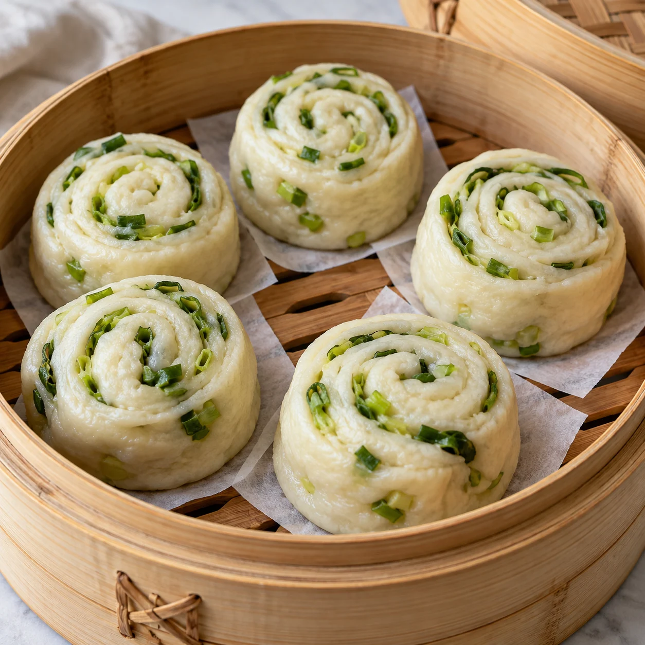 Soft yeast-raised buns rolled with scallions and steamed in two batches for a tender spiral crumb.