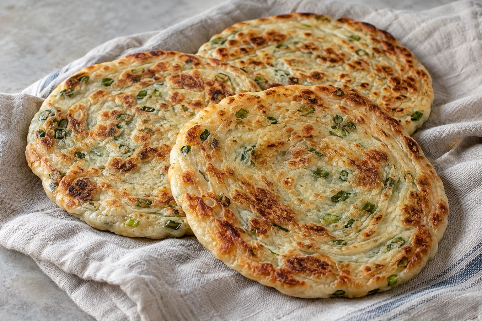 Tender, pan-browned flatbreads with finely sliced scallions and a short rested yogurt dough.