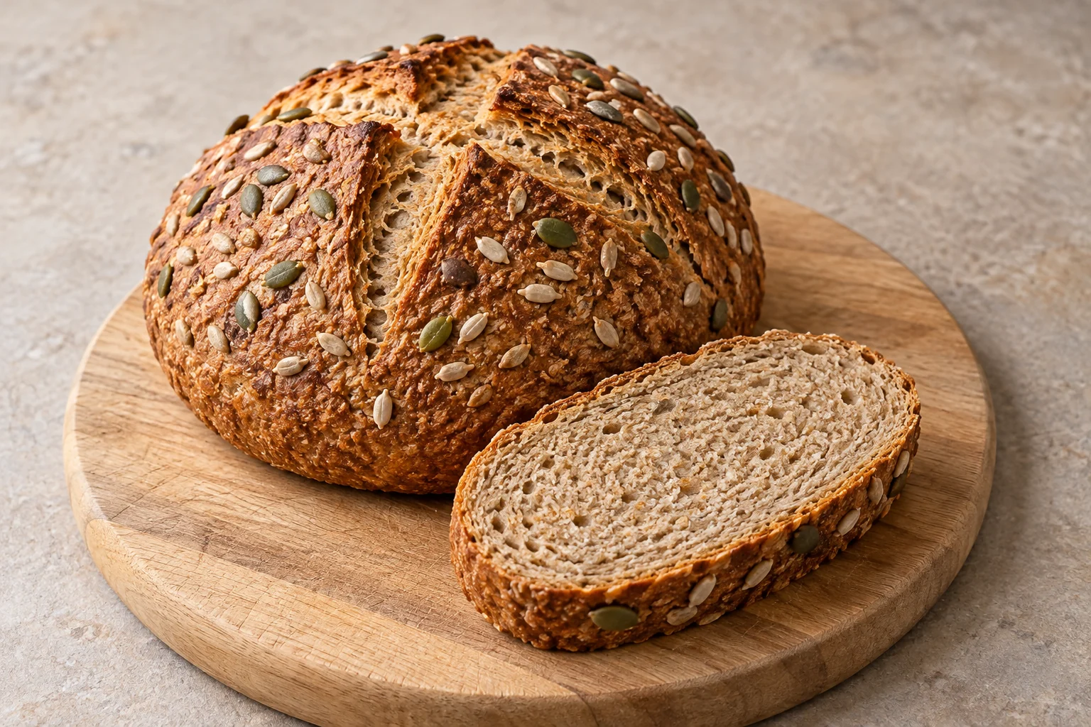Cross-scored whole-wheat soda bread with pumpkin and sunflower seeds and one cut slice on a wooden board.