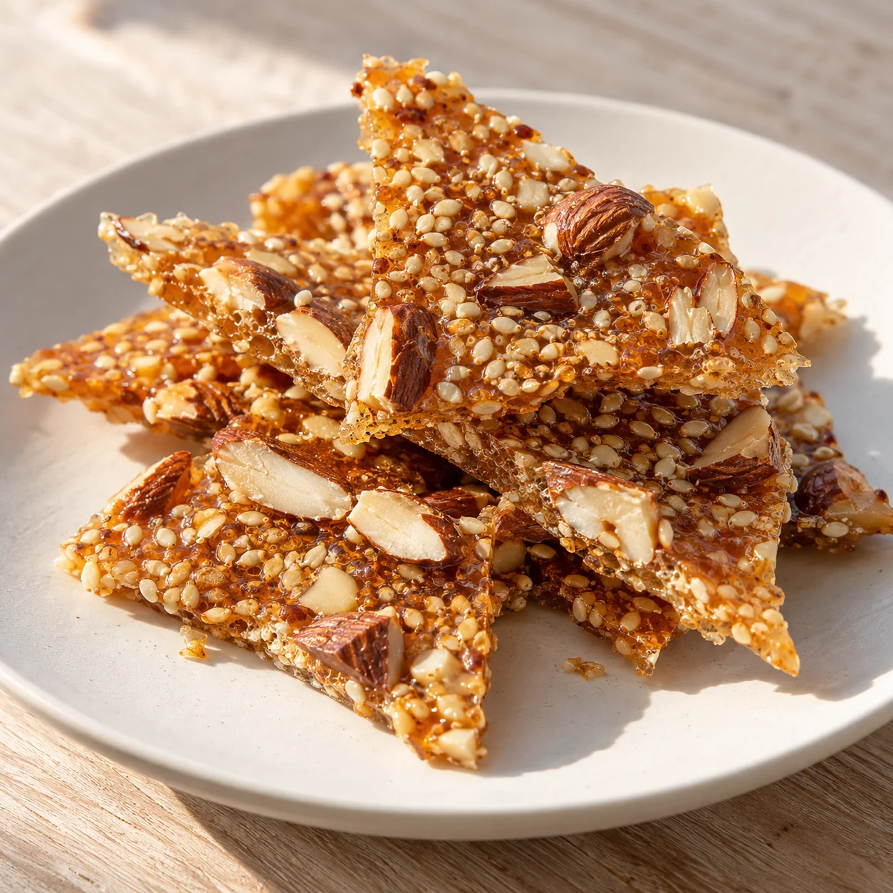 Thin amber candy shards hold toasted skin-on almonds and sesame seeds with a light, crisp snap.