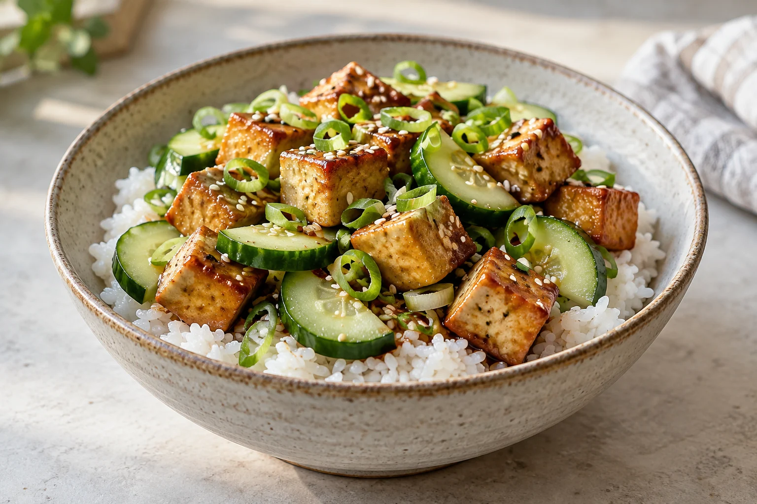 Sesame tofu & cucumber rice bowls