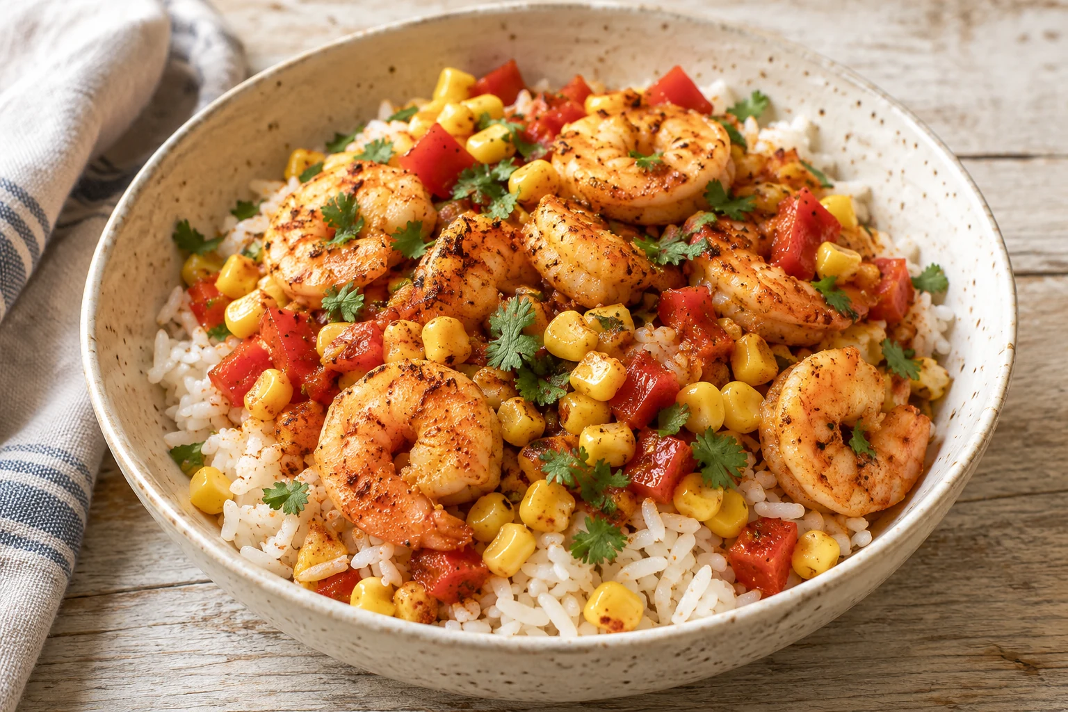 Paprika shrimp over white rice with corn, bell pepper and cilantro