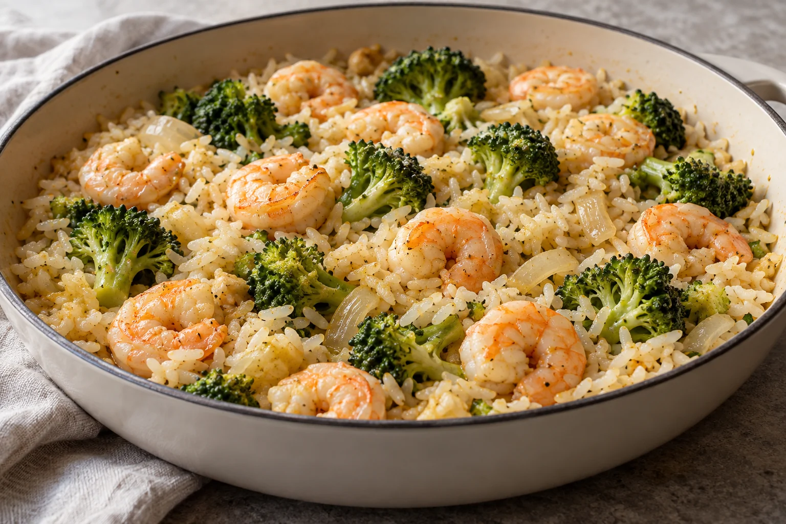 A covered rice bake finished with shrimp and broccoli, brightened with lemon and garlic.