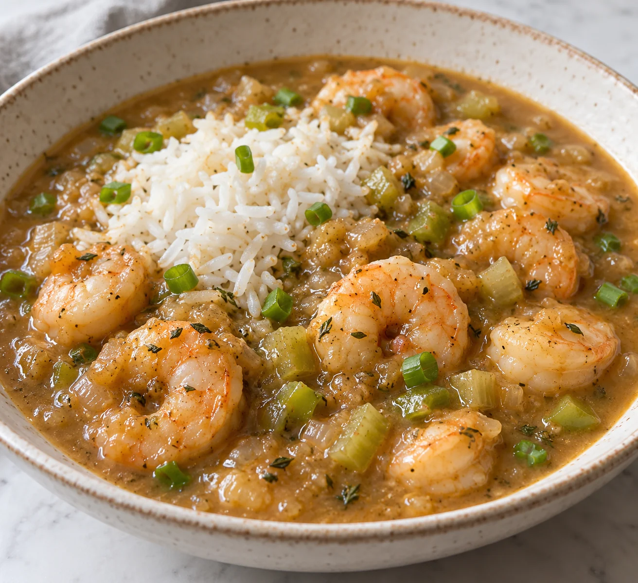 A golden-brown flour roux thickens a pepper, celery and onion stew, with shrimp added near the end.