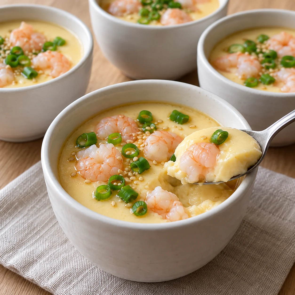 Soft savory egg custards hold tender shrimp, with scallion rings and sesame on top.
