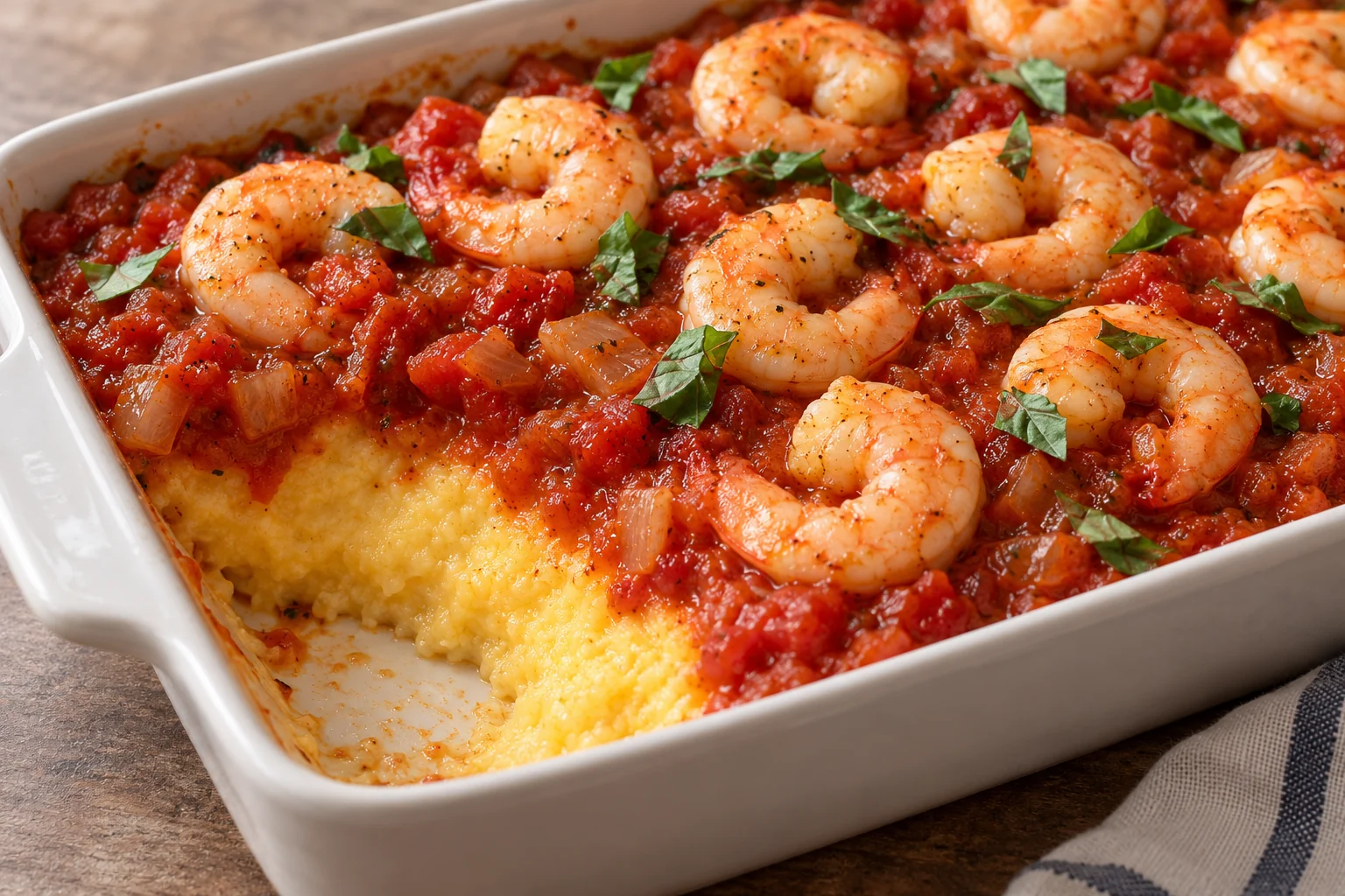 Soft yellow polenta supports a thick tomato layer and shrimp that cook during a short final bake.