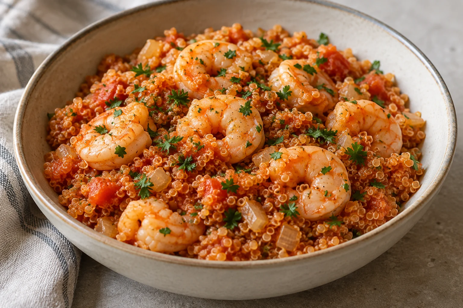 Fluffy quinoa cooks in tomato broth before peeled shrimp are gently steamed on top.