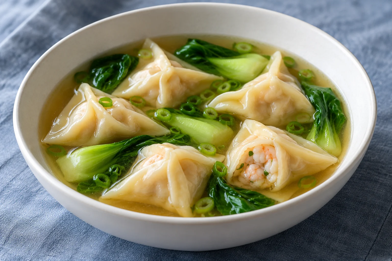 Thin homemade wheat wrappers enclose chopped shrimp in a gentle ginger broth with bok choy.