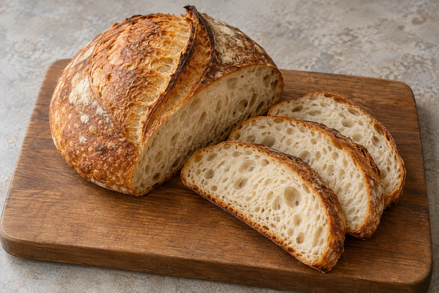Golden-brown sourdough boule with a curved scoring ear and three cream-crumb slices on a wooden board.
