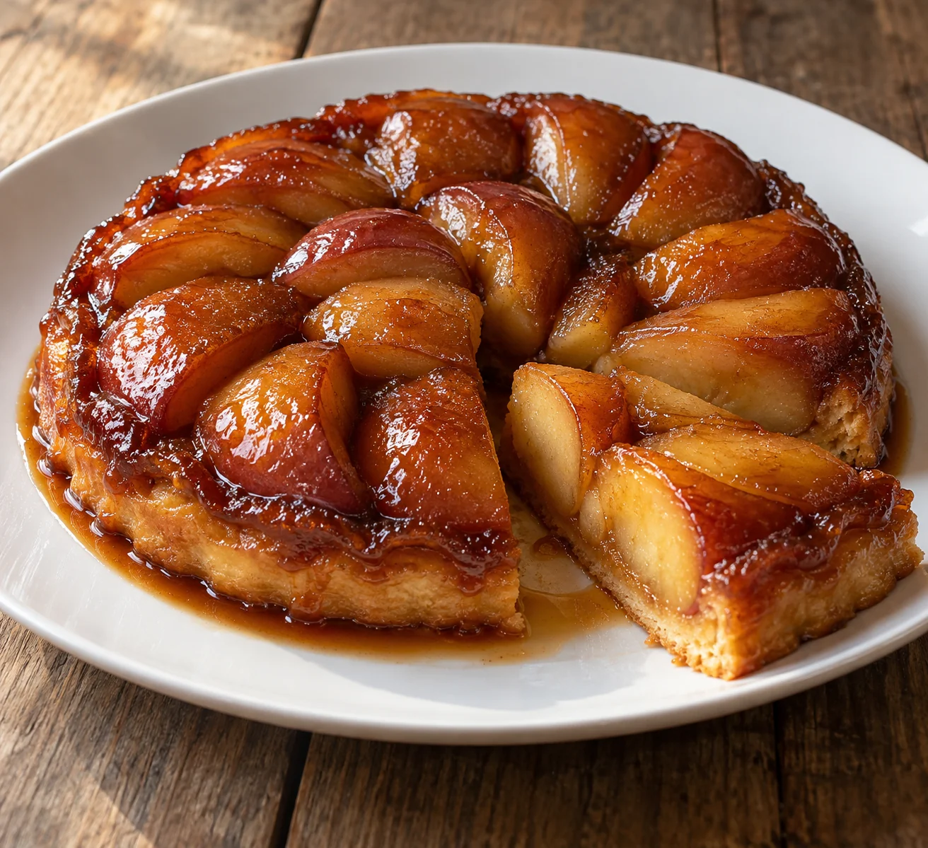 Skin-on apple quarters cook in amber caramel beneath a homemade butter crust, then the tart is carefully inverted.